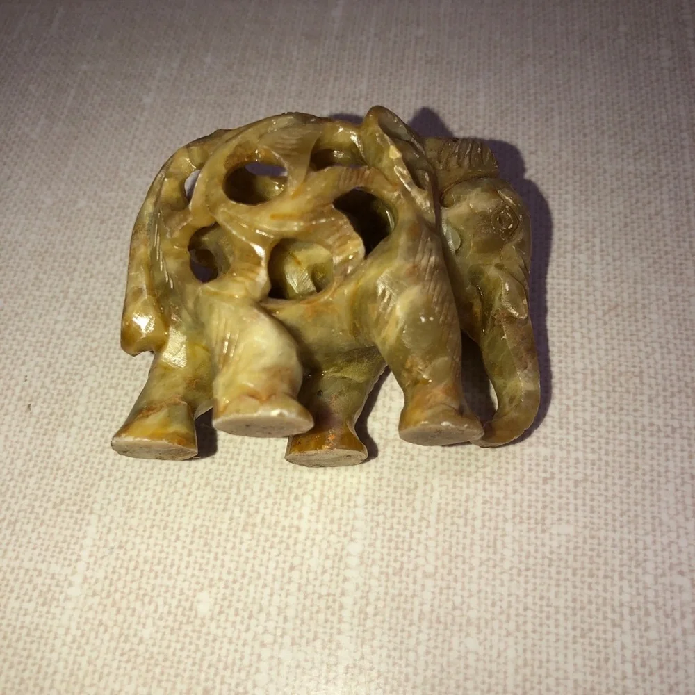 Carved Soapstone Elephant Calf Elephant Inside Detailed Scroll‎ Work Vines
